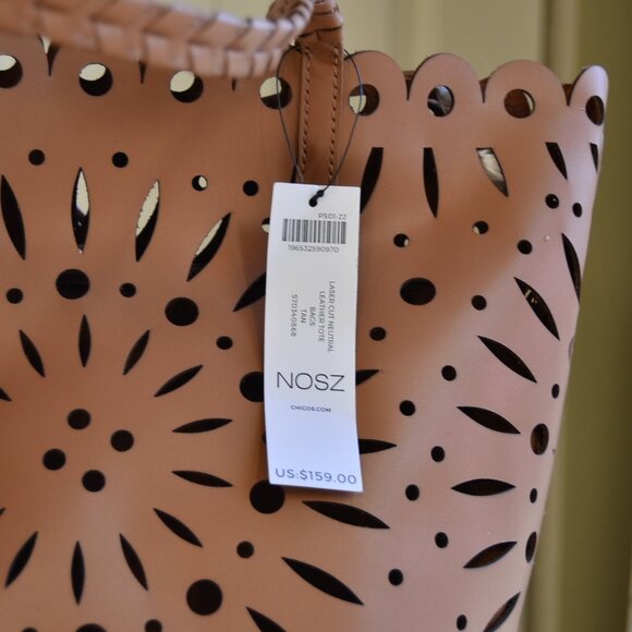 Chico's Chicos Laser Cut Neutral Leather Tote Bags Tan NWT - Picture 2 of 13